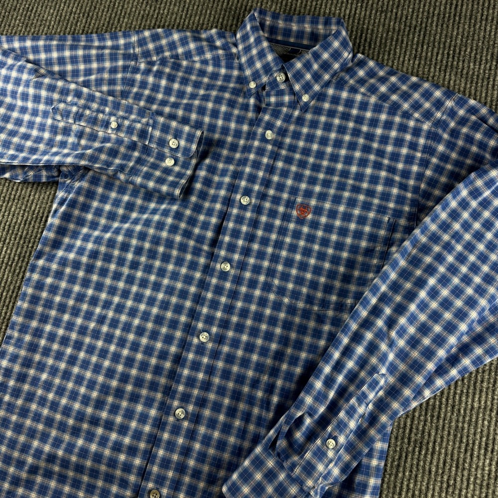Ariat Pro Series Mens Small Fitted Stretch Blue Plaid Long Sleeve Western Shirt